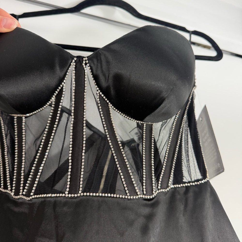 Retrofete Ludlow Mini Dress Sz Medium Satin Corset Strapless Rhinestone Black - Picture 9 of 16